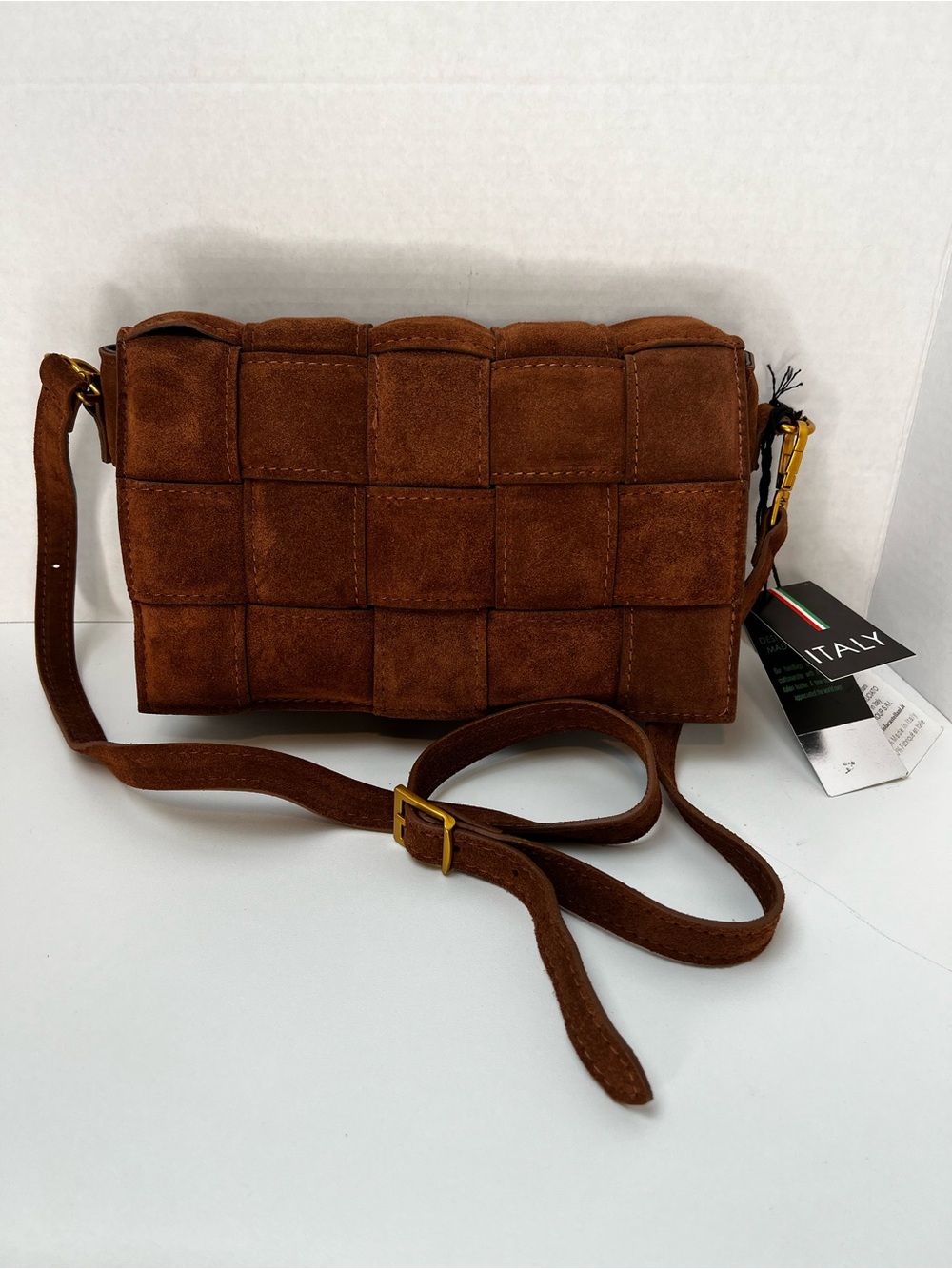 NWT Viola Castellani Italy Woven Suede Leather Crossbody Bag Brown